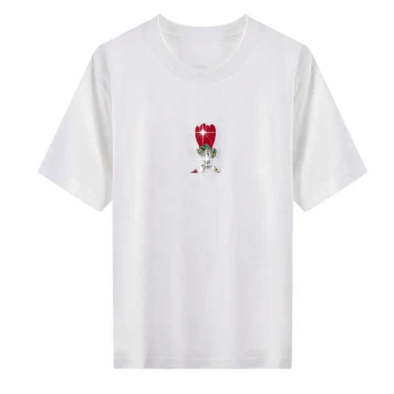 

2021 летнее платье с цветочной вышивкой, футболка с изображением диаманта Свободные толстовки с круглым вырезом с коротким рукавом и выше, Но...