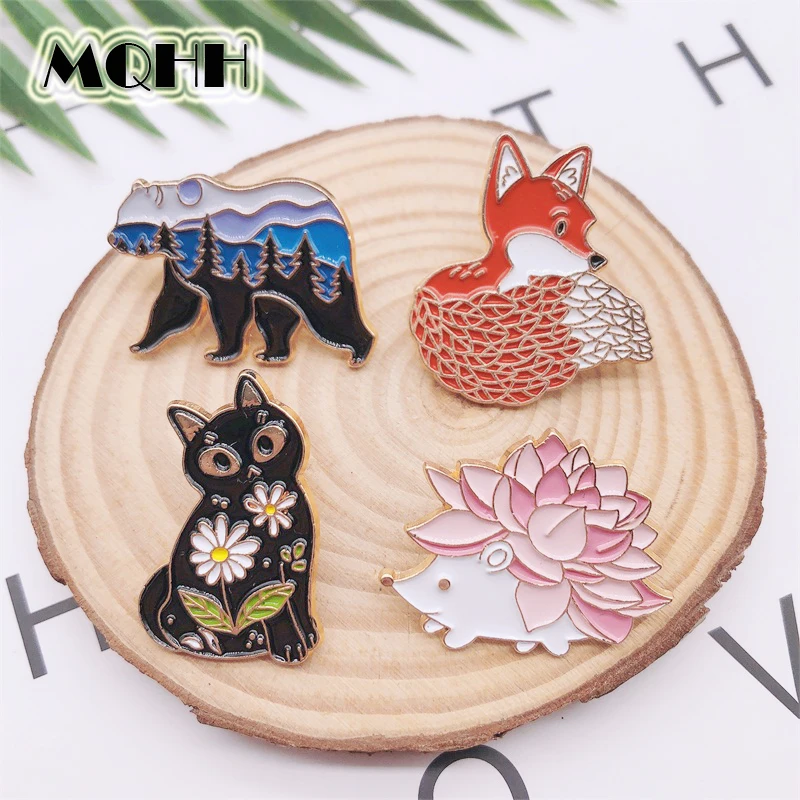 Эмалированная булавка в виде милых мультяшных животных лиса ежик кошка медведь