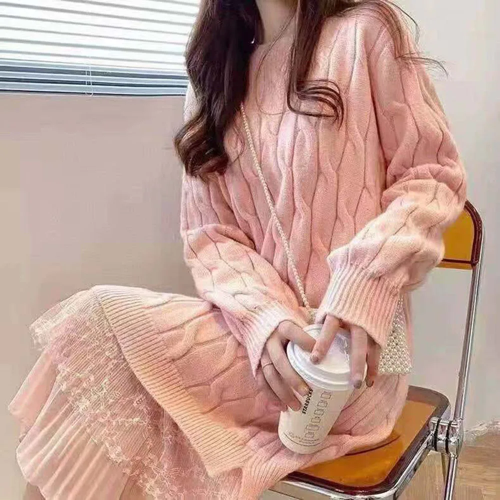 

New Autumn Japanese And Korean Lace Stitching Knit Sweater Dress, Lazy Wind, Loose Foreign Style Twist, All-match Women's Dress