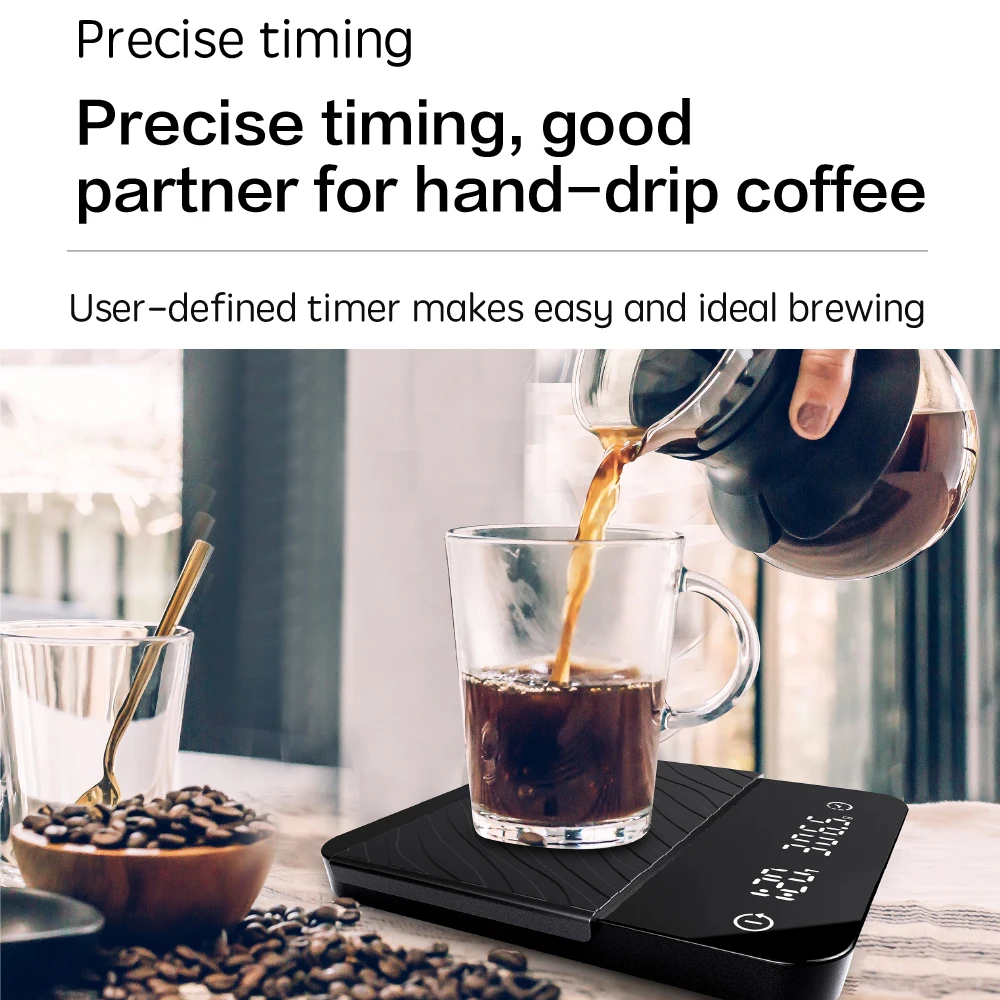 B&aacute;scula de caf&eacute; por goteo inteligente para el hogar, balanza Digital con temporizador, 2kg, 0,1g, peso de pantalla de doble fila con temporizador-5