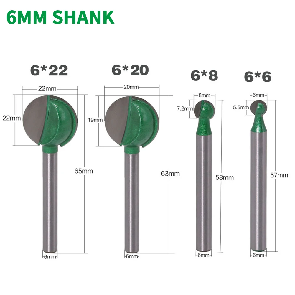 

4 шт./компл. фреза с хвостовиком 6 мм, резьба по дереву, шариковый нос, круглая резьба, кольцевая фреза, радиальный сердечник, фреза из карбида ...