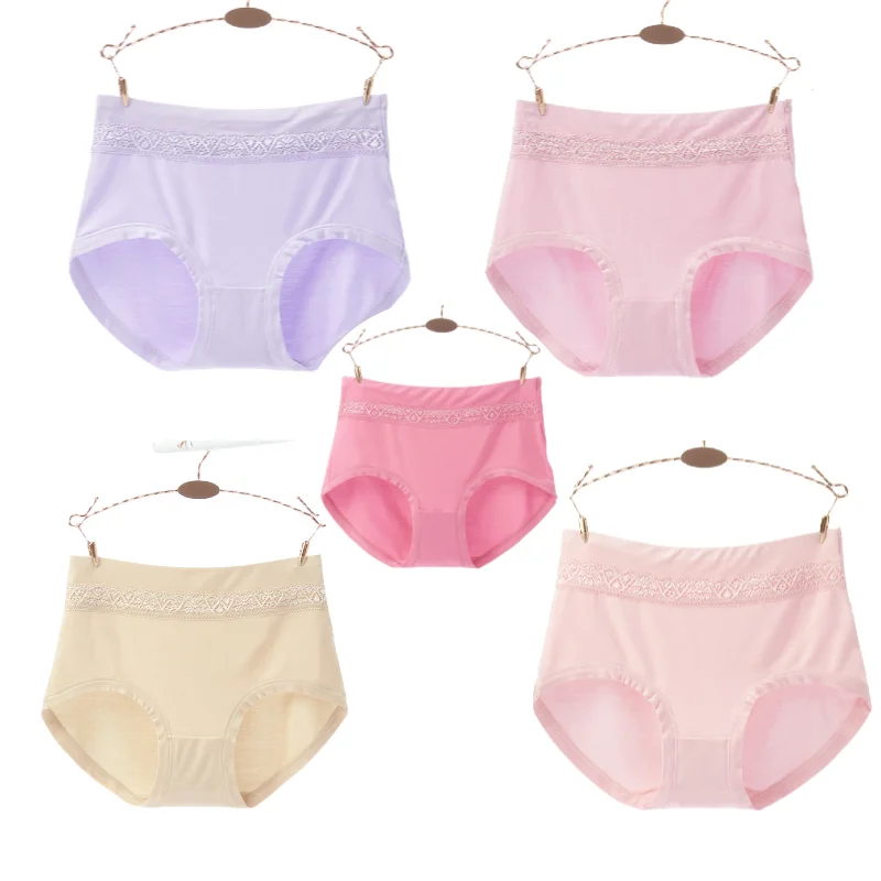 5Pcs/Lot Mid Waist Abdomen Cotton Briefs Plus Size Striped Panties Lace Underwear Lingerie Antibacterial Modal Underpants XL XXL