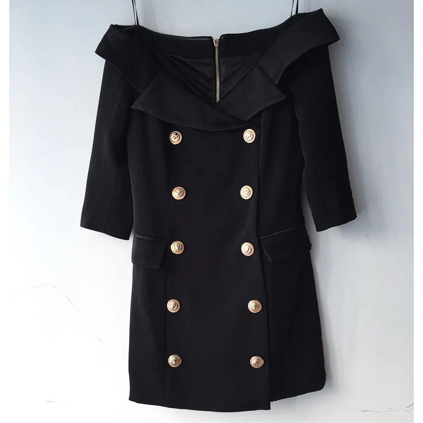 

Women's Skirt Autumn / Winter Fashion Lion Button Double Breasted Off Shoulder One Neck Dress