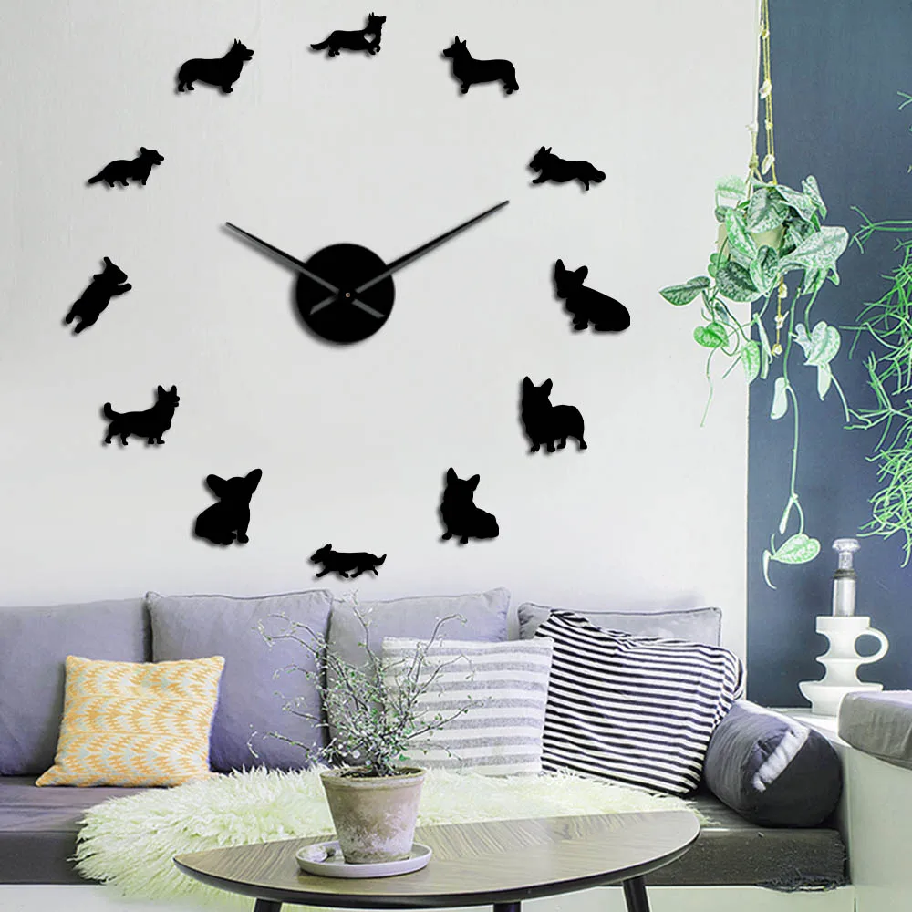 

English Welsh Corgi 3D DIY Wall Clock Mirror Surface Dog Animal Wall Art Pet Shop Decor Quiet Sweep Clock Watch