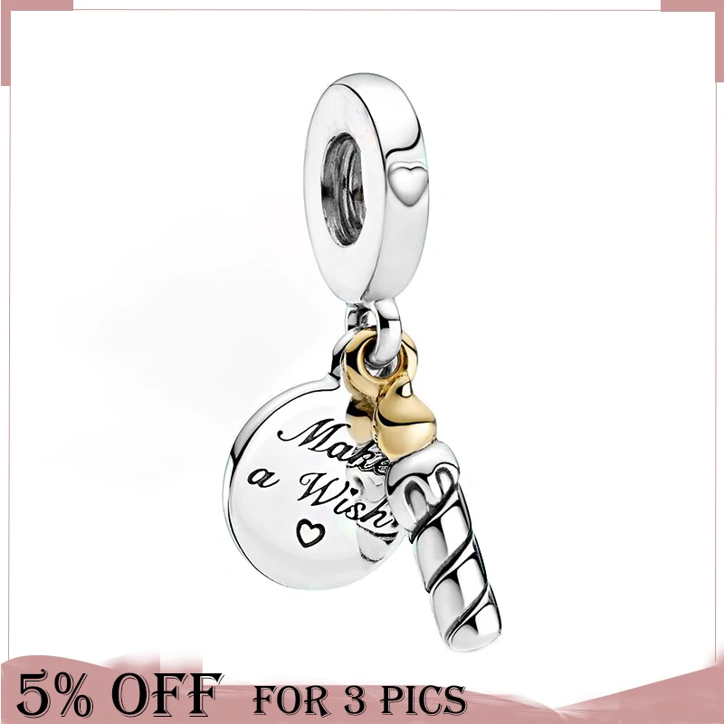 

925 Sterling Silver Beads 14k Gold Two-tone Birthday Candle Dangle Charm Fit Original Pandora Bracelet Women Jewelry Gift