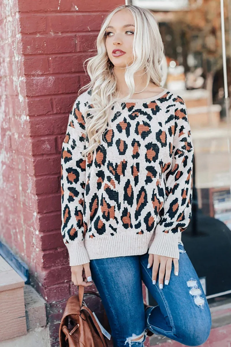

Leopard Sweaters Woman Sexy Backless O-Neck Autumn Winter Knitted Pullover Tops Long Sleeve Fashion Female Street Wear