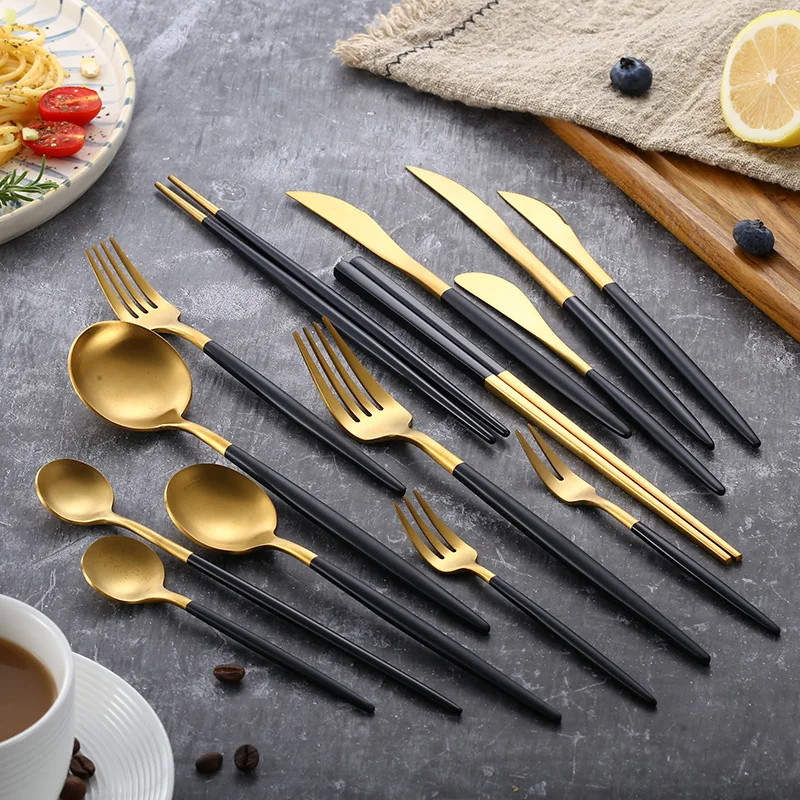

Black Gold Cutlery Set Stainless Steel Dinnerware Set Silverware Tableware Dinner Spoon Fork Knife Chopsticks Dropshipping