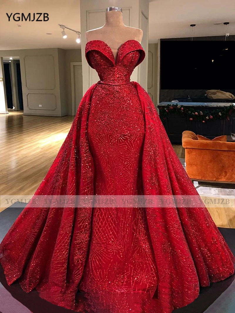 Sparkly Sequin Red Long Prom Dresses 2020 Mermaid Sweetheart Removable Train African Women Black Girl Party Evening Gowns