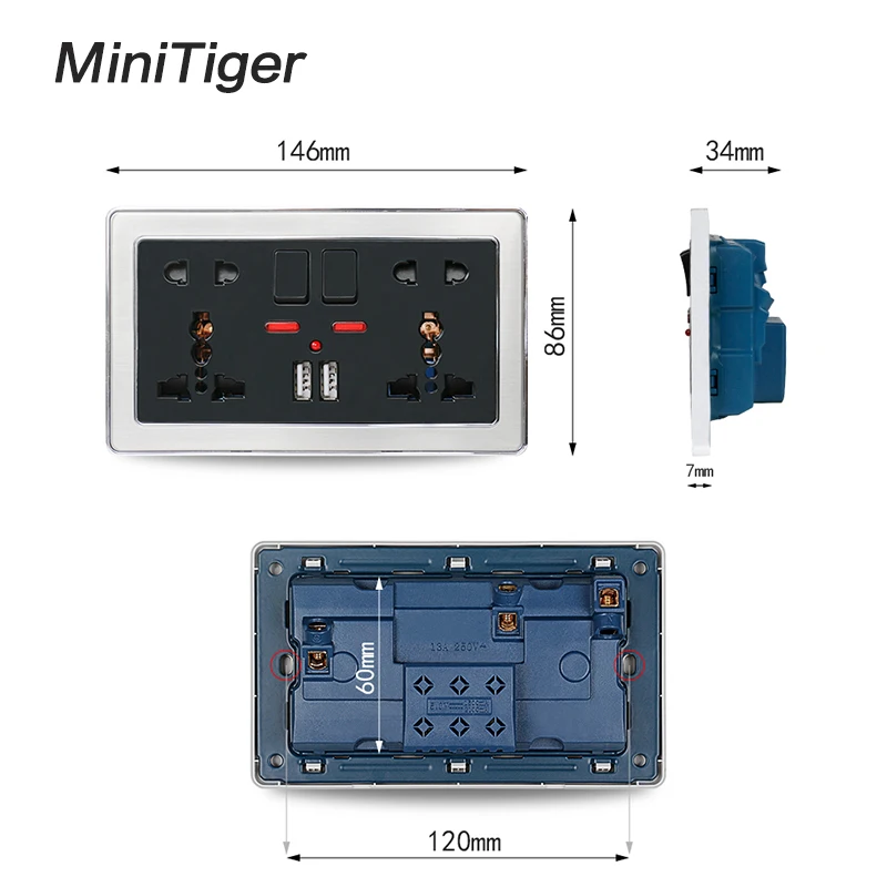 Двойная универсальная настенная розетка Minitiger с 5 отверстиями неоновым выходом а