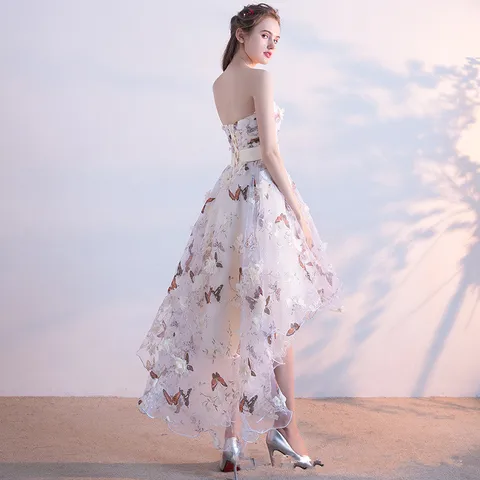 It's YiiYa Strapless Pleat Lace Up High-low Asymmetry Vintage Elegant Flowers Taffeta Prom Gown Dancing Party Prom Dresses LX018