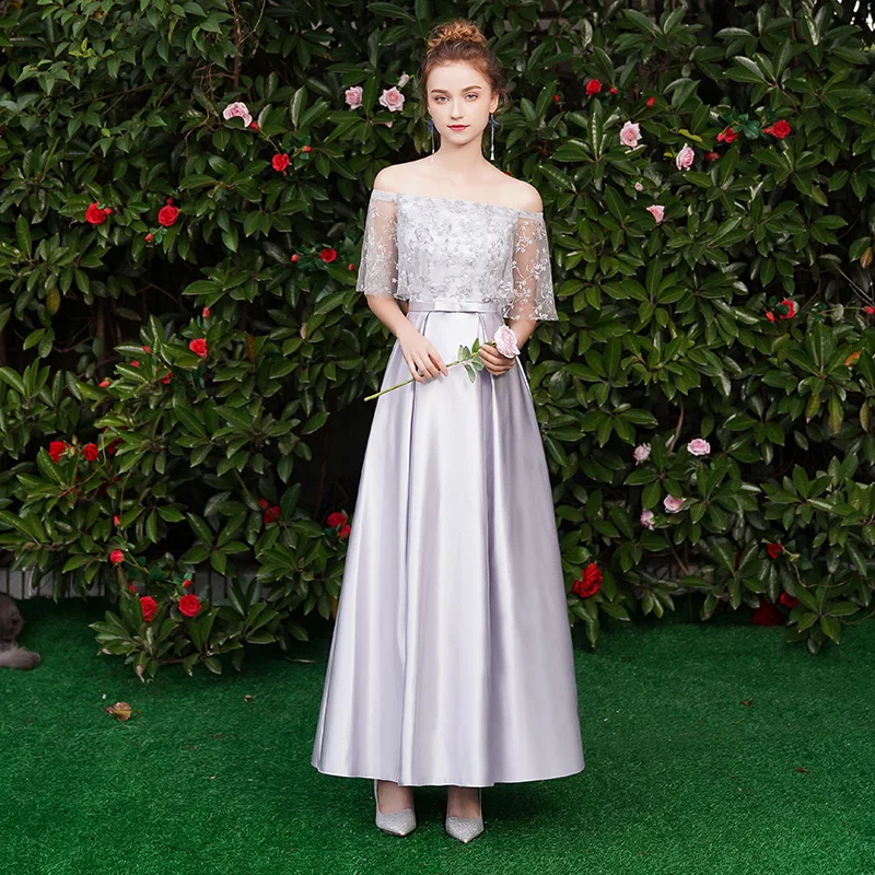 Серое подростковое элегантное платье подружки невесты с круглым вырезом на