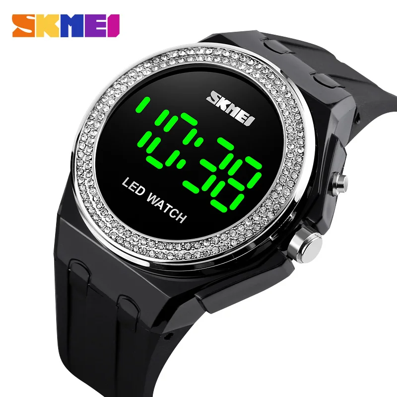 

SKMEI Led женские цифровые часы модные бриллиантовые женские наручные часы для девочек водонепроницаемые прозрачные часы с ремешком из искусс...