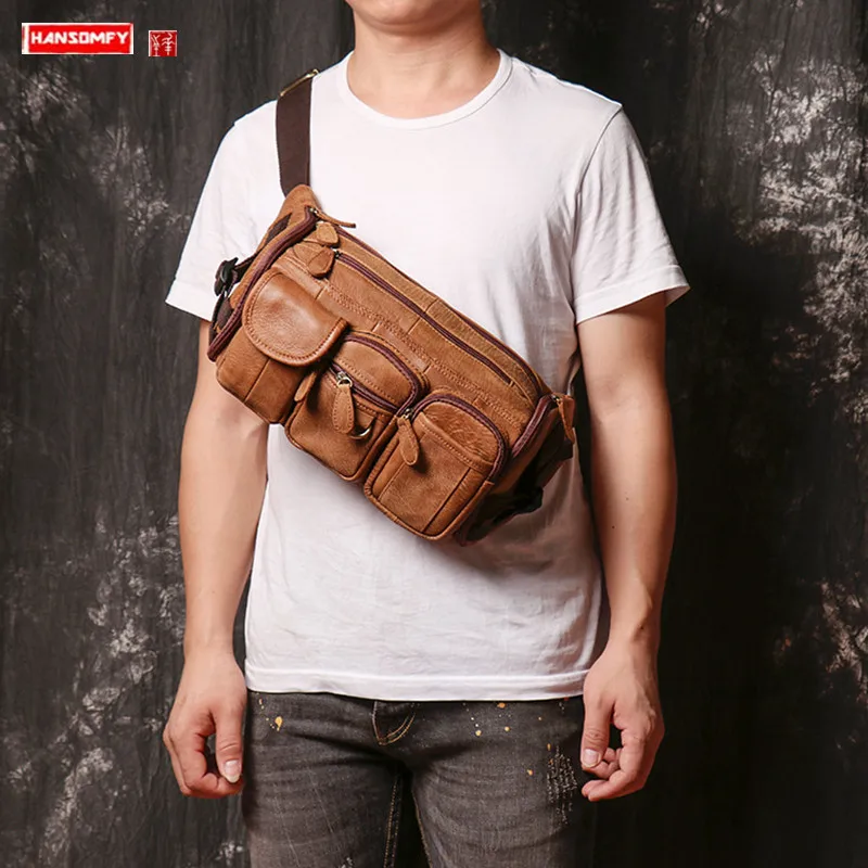 New Genuine Leather Men's Chest Bag Scrub Leather Waist Bag Outdoor Sports Shoulder Bag Multi-Function Messenger Bags