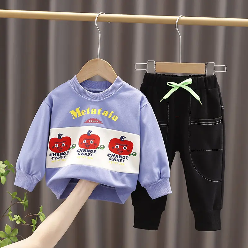

Демисезонная детская одежда для маленьких мальчиков, хлопковая Футболка с яблоками, штаны, 2 шт./компл., детская модная одежда для малышей, сп...
