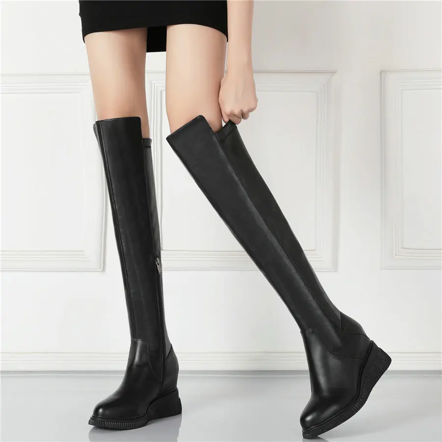 

Women Stretchy Genuine Leather Wedges High Heel Over The Knee High Motorcycle Boots Female Round Toe Thigh High Fashion Sneakers