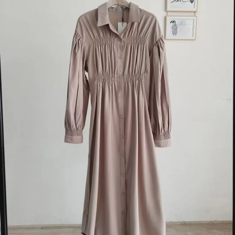

Office Lady Elegant Solid Long Sleeve Shirt Dress Turn-down Collar Pleated Design Female Robe 2021 Spring Summer Chic Vestidos