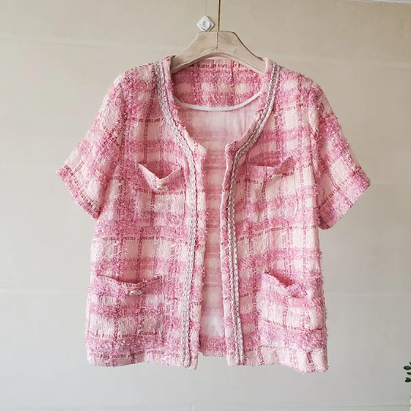 

High Quality 2021 Summer Temperament Pink Plaid Tweed Short Sleeve Female Elegant Casual Cardigan Jackets Coat