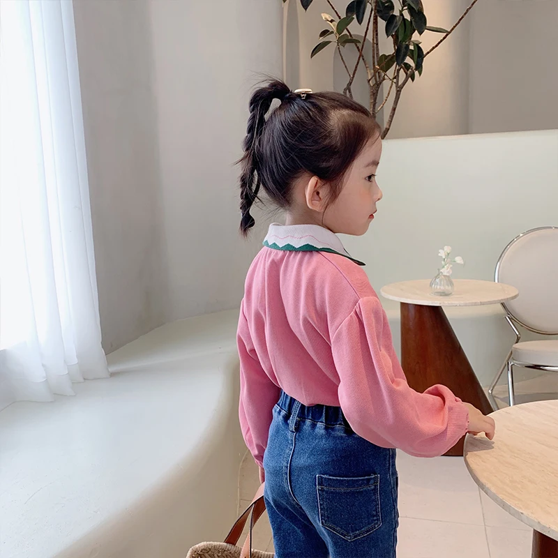 MILA CHOU 2021 Autumn Baby Girls Cotton Polo Collar All-match Full Sleeve T-shirt Kids Children Pullover Pink Tops Tee 2-8Y