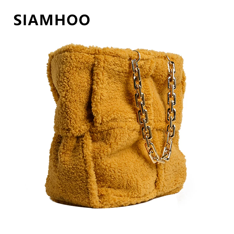 

SIAMHOO Fashion Lamb Velvet Shoulder Bag High Capacity Faux Fur Tote Bags Designer Brand Chain Wool Woven Female Casual Bag