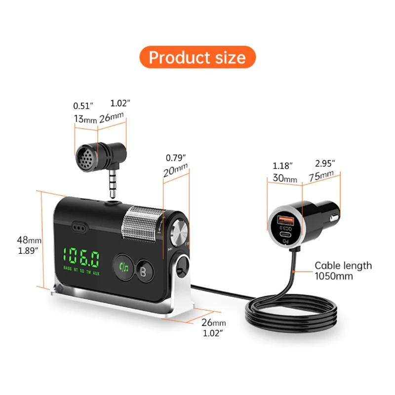 

Car Handsfree MP3 Bluetooth Player FM Transmitter BC73 Dual Microphone Dual Ports PD18W QC3.0 Fast Charging Car