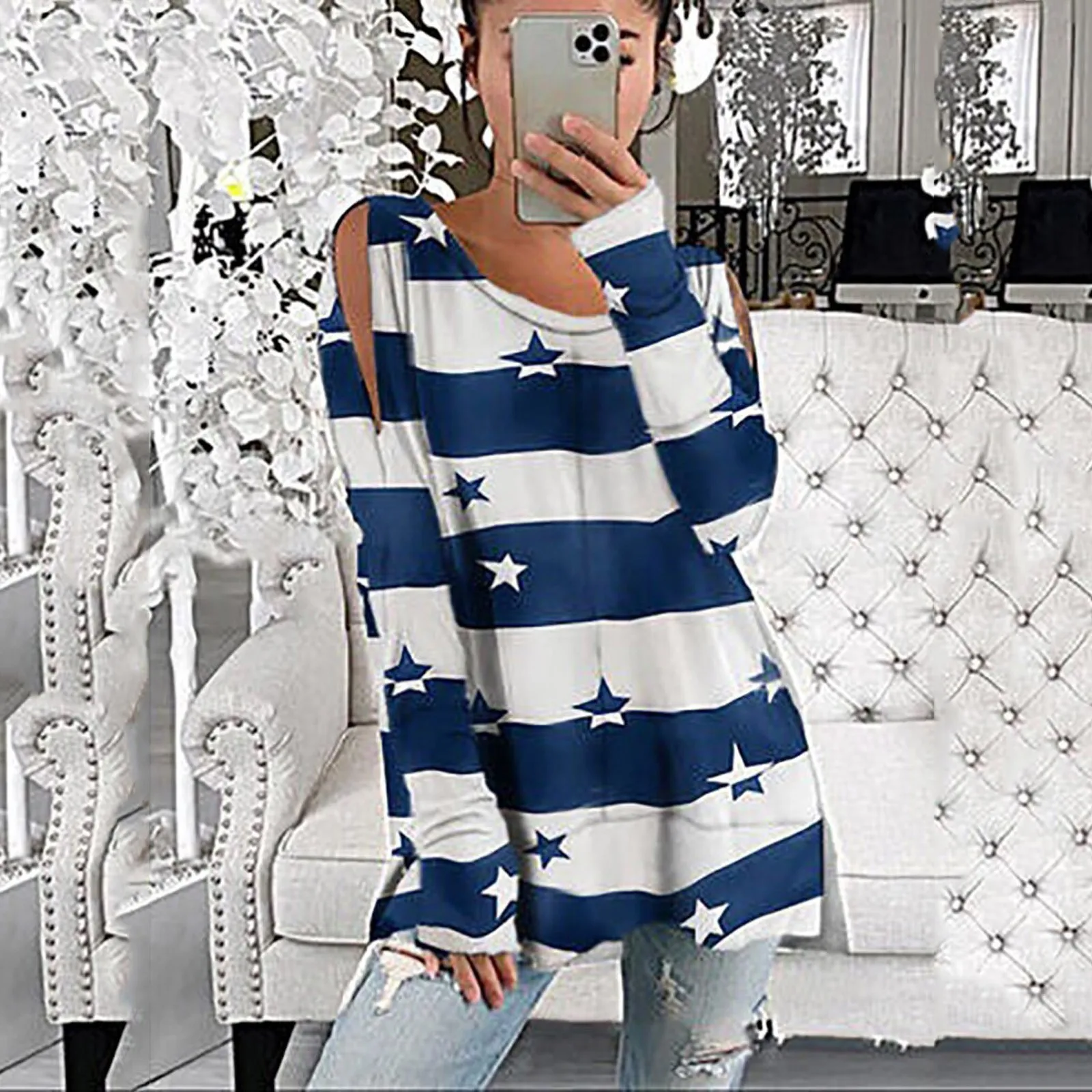 

Fashion Stripe Stars Blouse Cold Shoulder O-Neck Tops Casual Autumn Winter Tops Ladies Female Women Long Sleeve Blusas Pullover