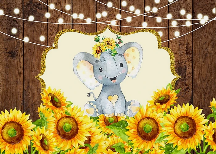 

Yellow Sunflowers Elephant Baby Shower Photographic Backgrounds Wood Bokeh Light Kids Newborn Backdrop Custom