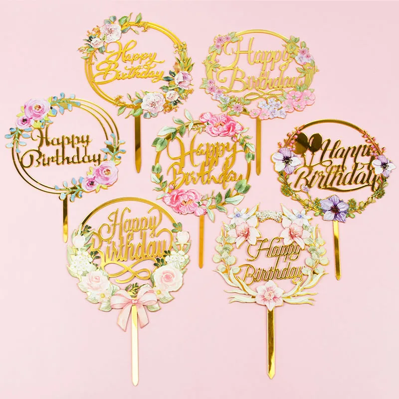 

Happy Birthday Gold Rose Flower Golden Acrylic Artificial Cake Topper Birthday Party Dessert Supplies Baking Tools Decoration