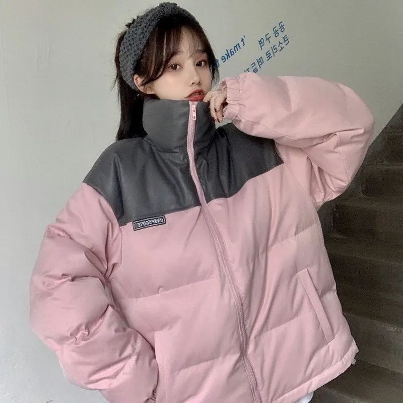 

2021 Winter Edition Of Loose South Korean Students Pu Skin Stitching Thick Down Jacket High Collar Bread Cotton-padded Clothes