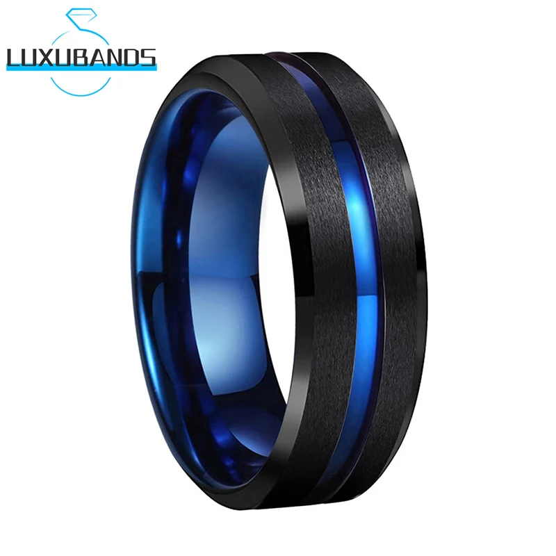 

8mm Black Blue Tungsten Carbide Ring Wedding Band For Men Women Center Grooved Beveled Edges Matte Brushed Finish Comfort Fit