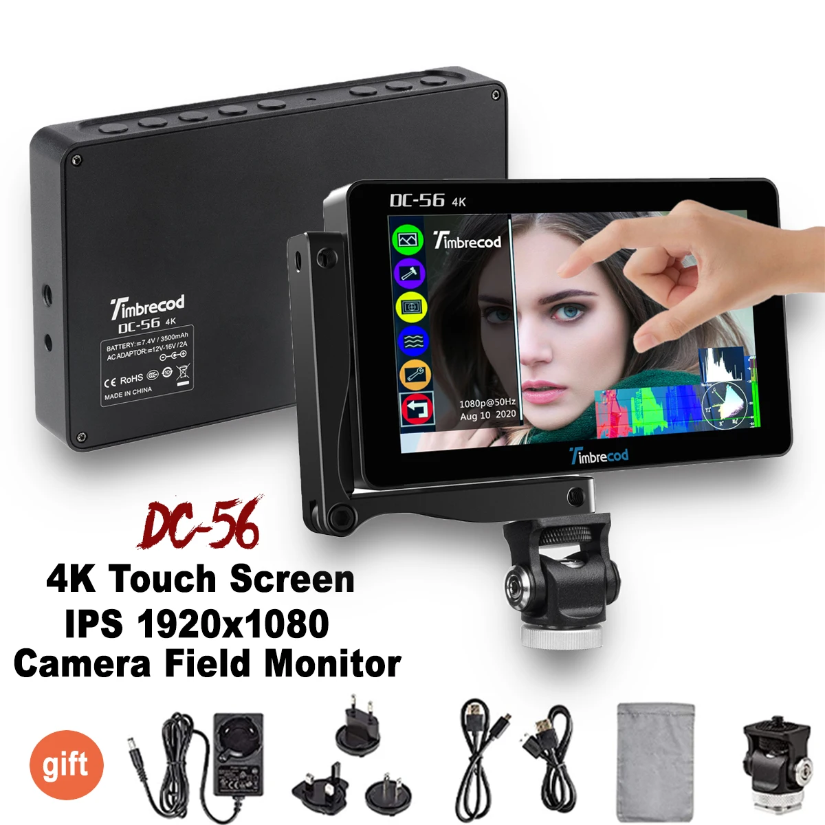 

Timbrecod DC-56 5.5 Inch Touch Screen Camera Field Video Monitor Focus Video IPS 4K HDMI AV DC Input 1920x1080 for DSLR Camera