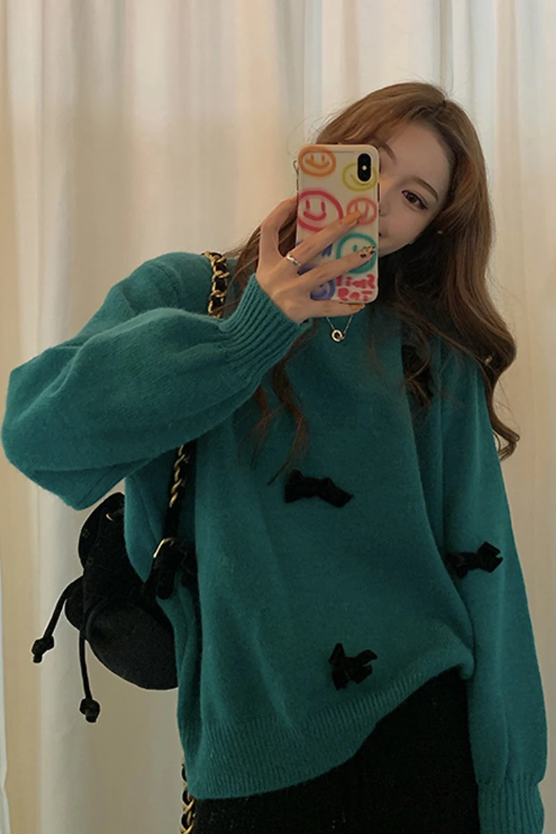 

Autumn and Winter 2020 New Korean Style Sweet Velvet Bow Loose-Fitting Long Sleeve Sweater Women's Slimming Pullover Knitted Top