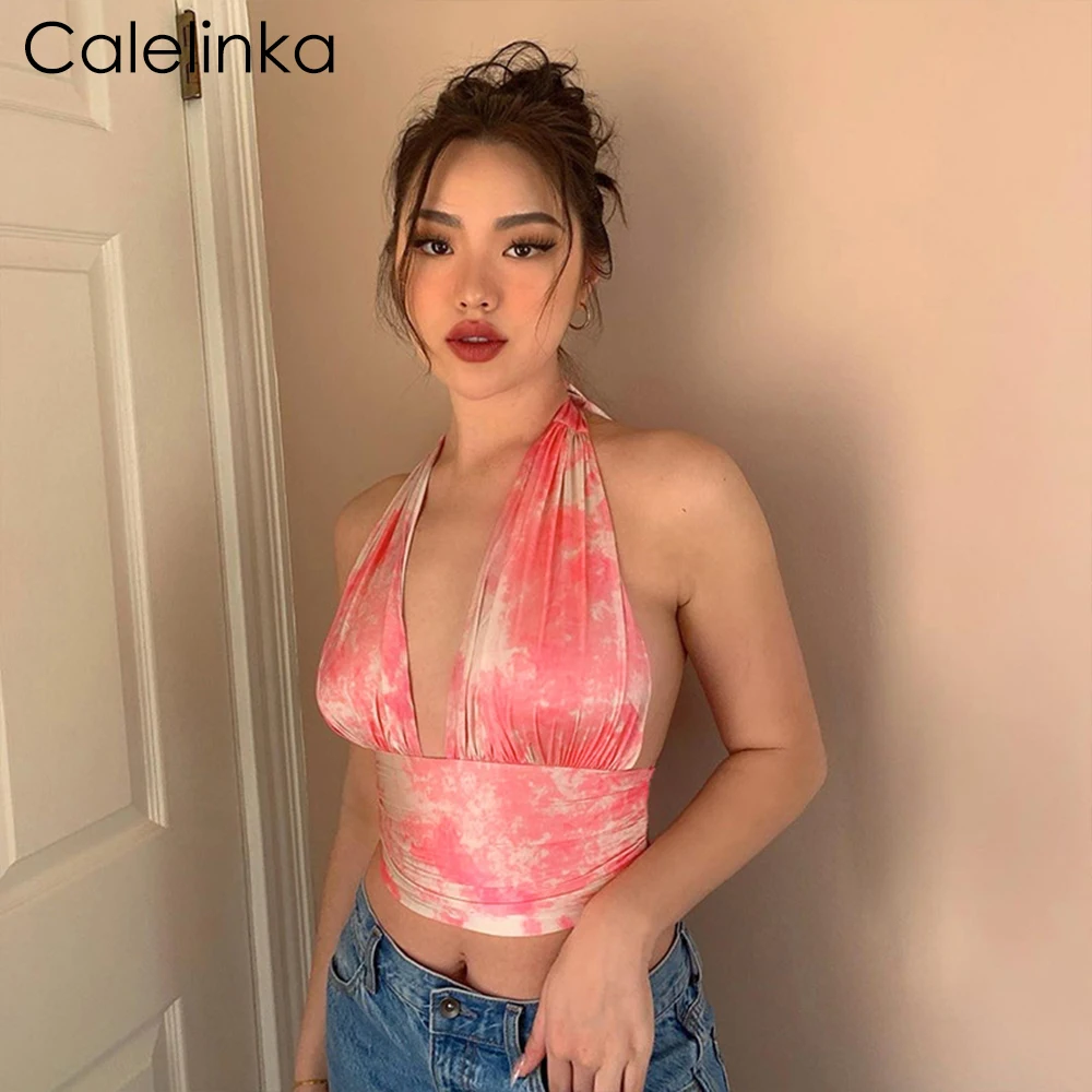 

Calelinka Elegant Backlees Women Crop Tops Sleeveless Tie-Dye Lace Up V Neck Vest Summer Party Club Sexy Outfits Camis