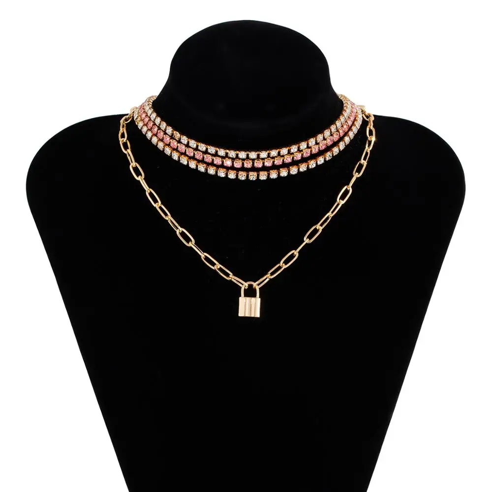 

IngeSight.Z 4Pcs/Set Shiny Rhinestone Crystal Chain Choker Necklace Collar Multi Layered Padlock Pendant Necklaces Women Jewelry