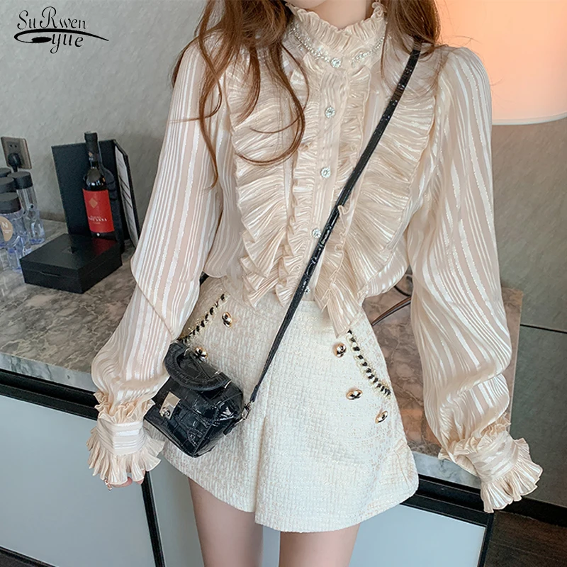

Fashion Autumn Long Sleeve Stand Collar Blouse Women Elegant Ruffle Stitch Chiffon Shirt Sweet Slim White Tops Girl Blusas 17605