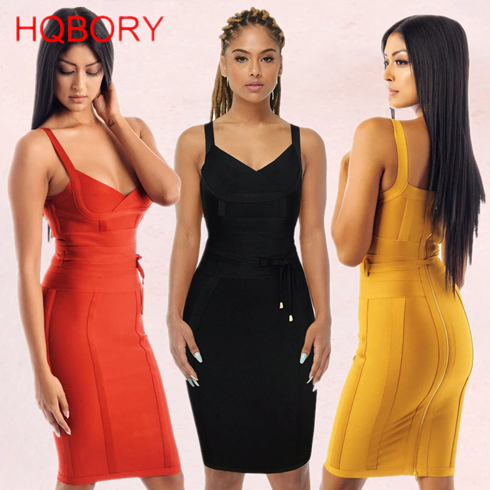 Желтый новые весенние 2018 Спагетти ремень Bodycon платье повязка до колена Клубная
