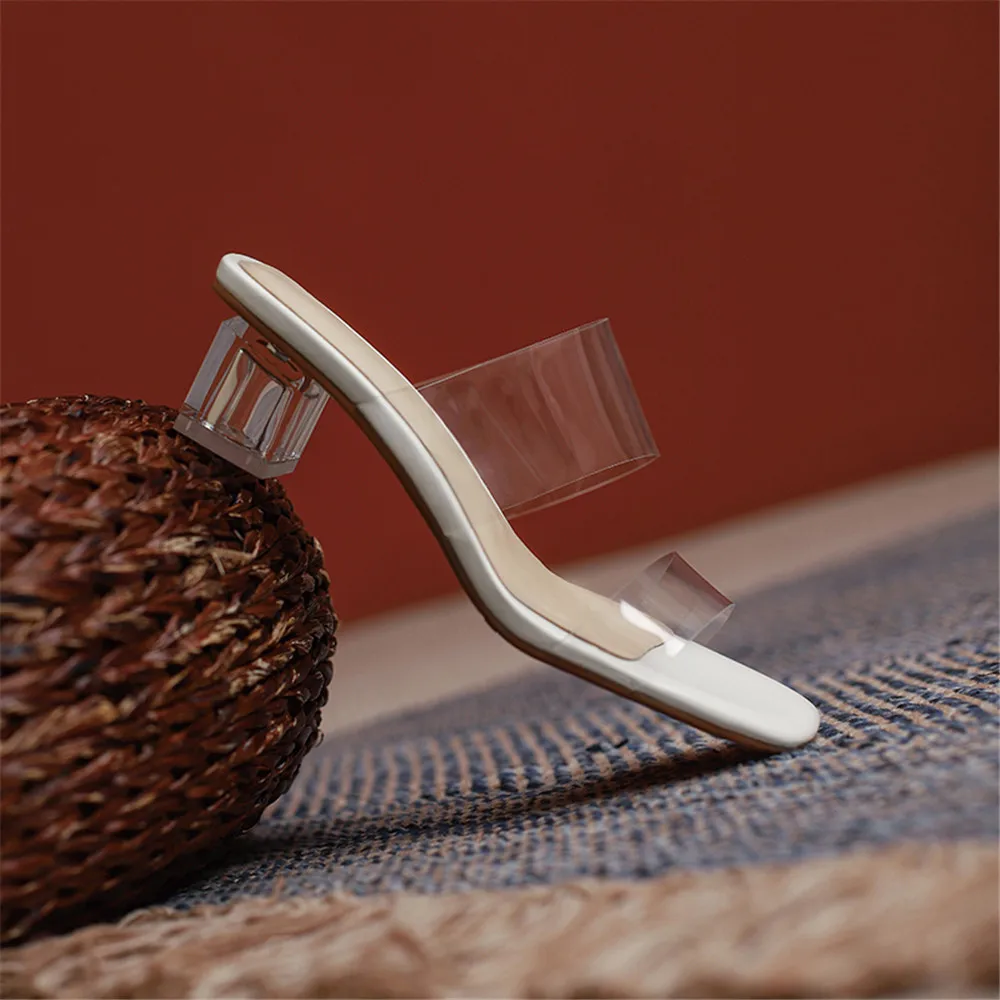 Crystal Clear Middle Heels New Summer Lady Comfort Sandals Slippers Fashion Party Shoes Women Prom Peep Toe Cool Slides White | Обувь