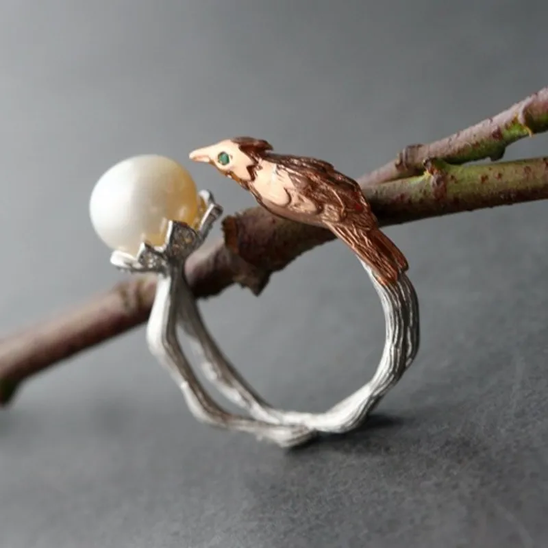 

2020 new S925 sterling silver jewelry woman ring bird natural jade flower vintage adjustable ladies ring