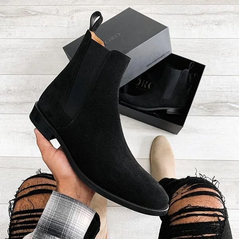 

Men's Handmade Imitation Deerskin Boots Classic Retro Black Low-heeled Men's Party Boots HG360