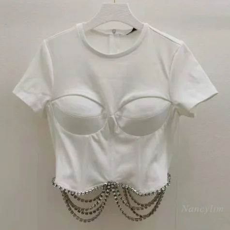 

Укороченный топ, женская летняя футболка, облегающая, с круглым вырезом, с цепочкой Стразы, однотонный, с коротким рукавом