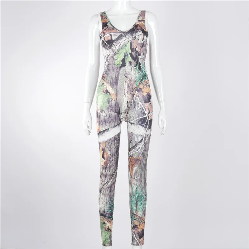 

ANJAMANOR Two Piece Women Sets Leaf Printing Sexy Club Outfits for Women Clubwear Backless Bodysuit Leggings Jumpsuit D85-CZ22