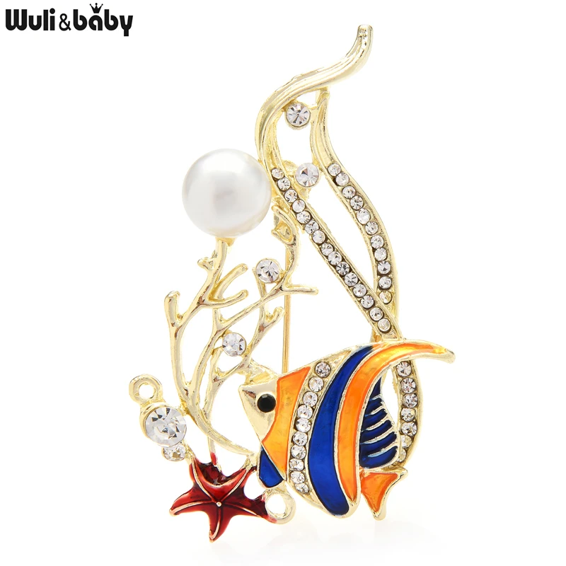 

Wuli&baby Pearl Enamel Fish Brooches For Women Men Lovely Fish Spit Bubbles Sea Animals Party Casual Brooch Pin Gifts