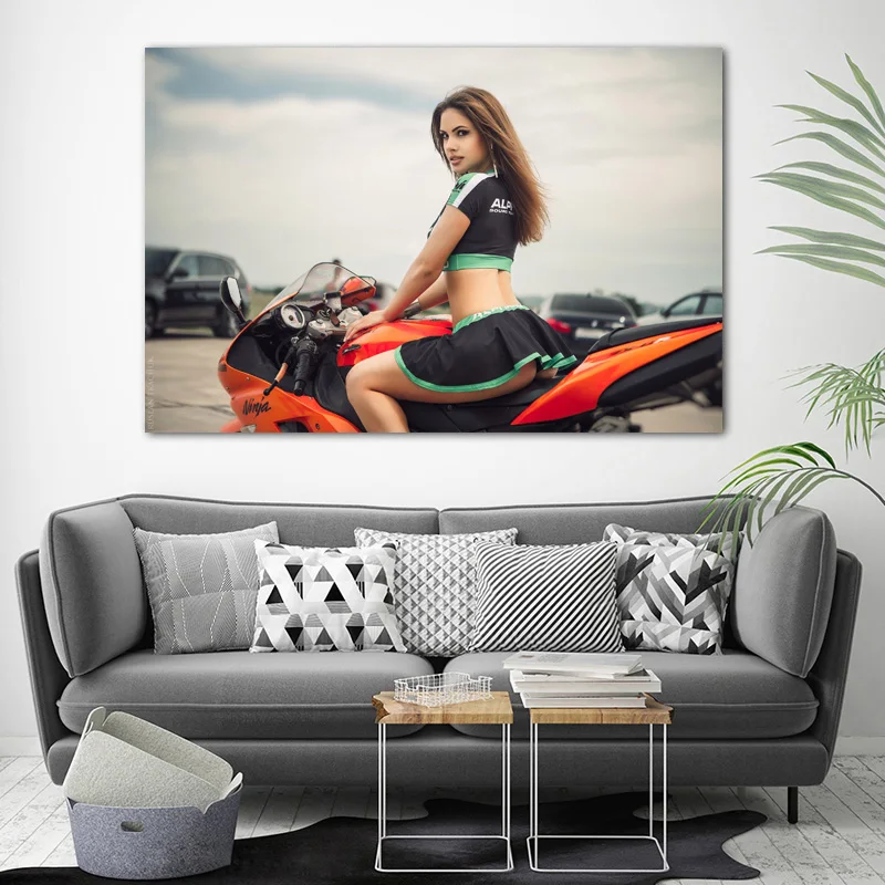 Wall Art Posters Hot Girl Model Kawasaki Ninja motorcycles Photo Canvas Printed Artwork Painting for Living Room Decor | Дом и сад