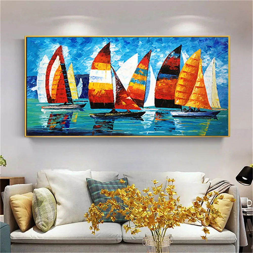 

100% Hand-painted abstract color boat oil painting beach seaside sailing scenery modern home decor wall art picture unique gift