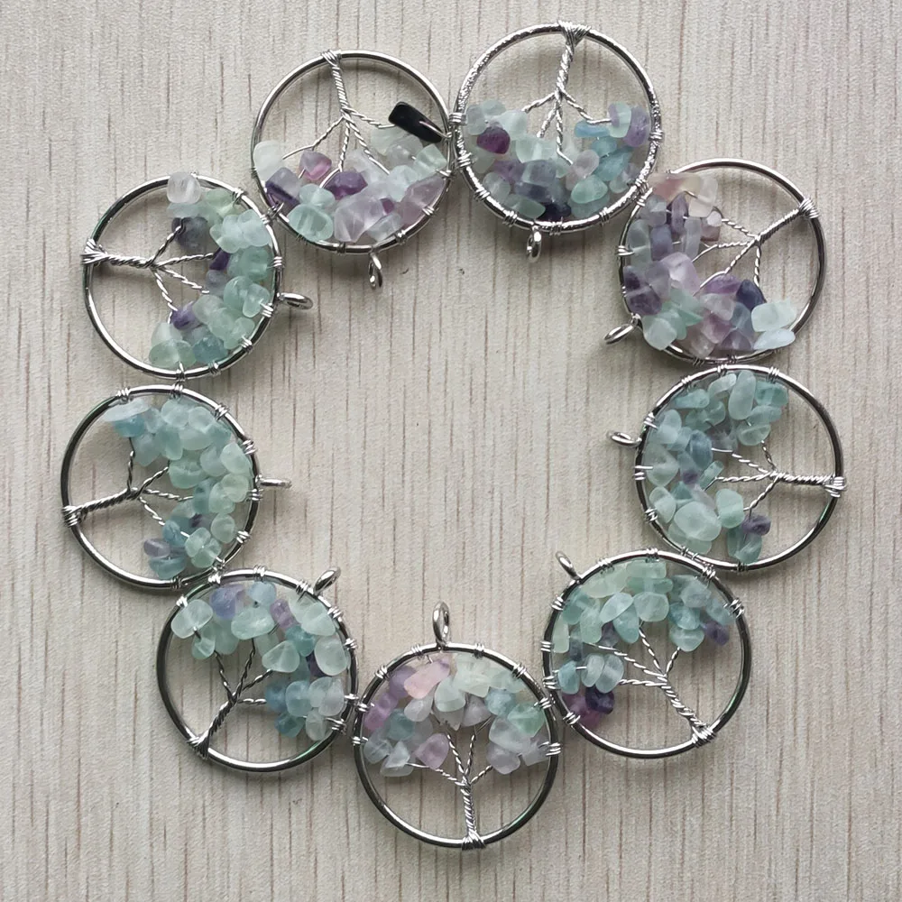 Wholesale 12pcs/lot fashion natural Color fluorite Tree of life handmade wire wrapped pendants 30mm for jewelry marking free