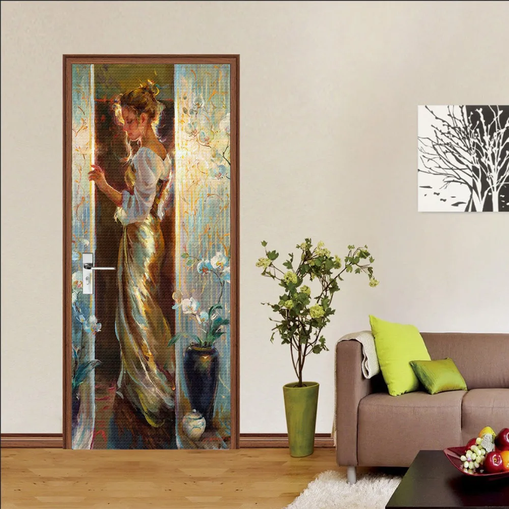 Красота картина маслом дверь наклейка для украшения комнаты Аксессуары девочек