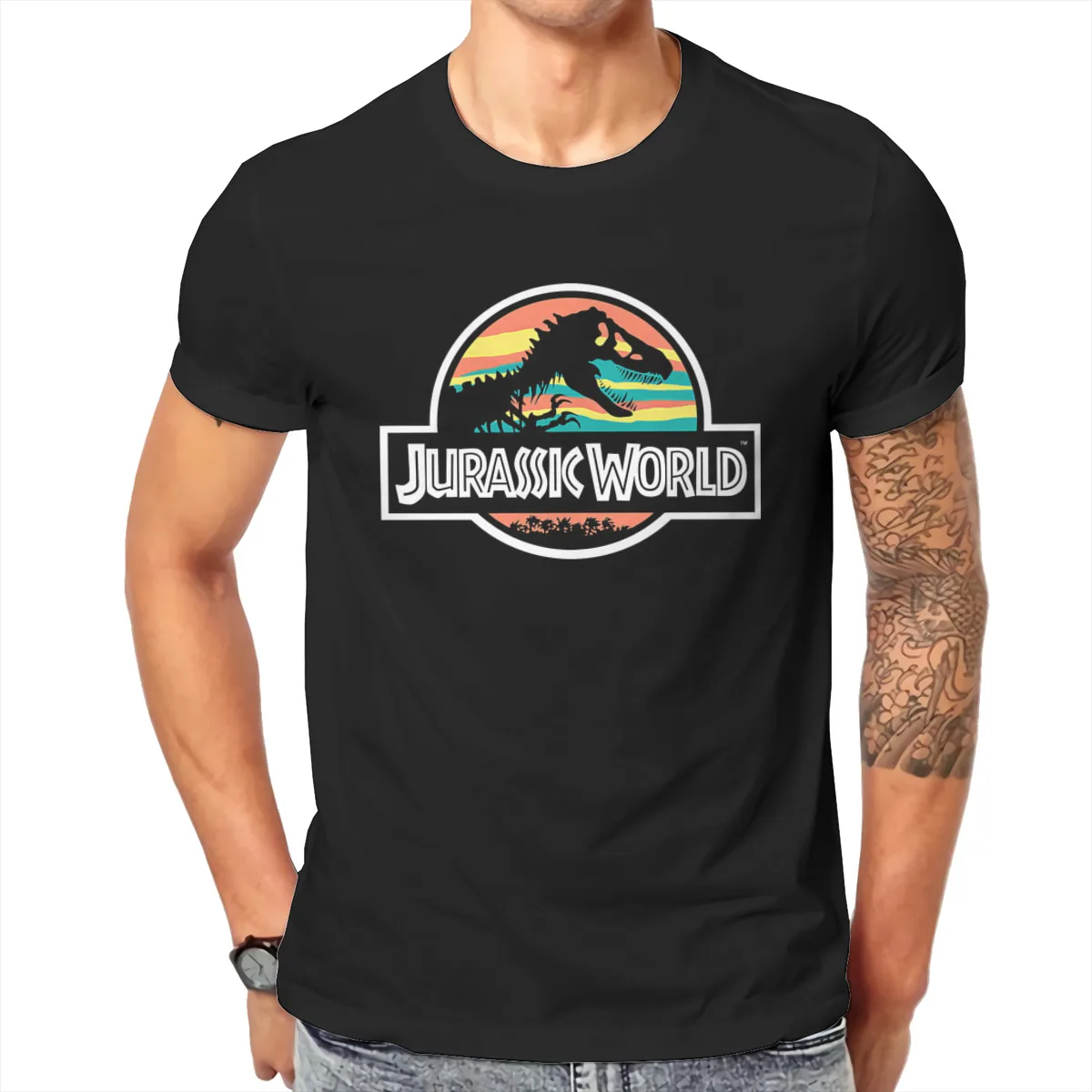

Jurassic World Skeleton Logo Retro Sunset T shirt Men T shirt summer T-shirt