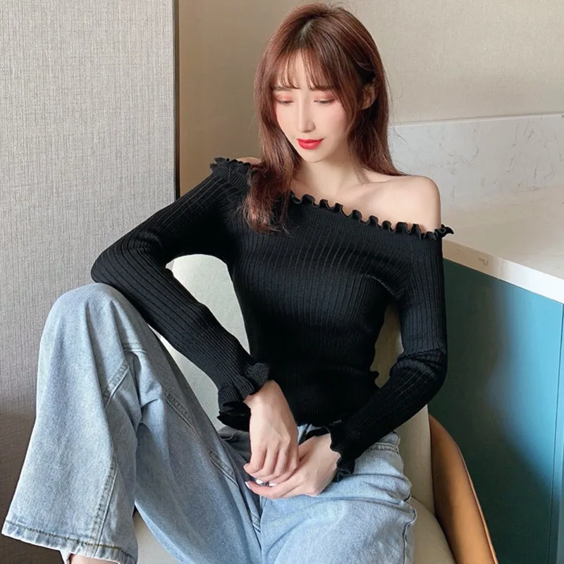 Новые корейские свитера Женский вязаный топ с вырезом лодочкой и открытыми