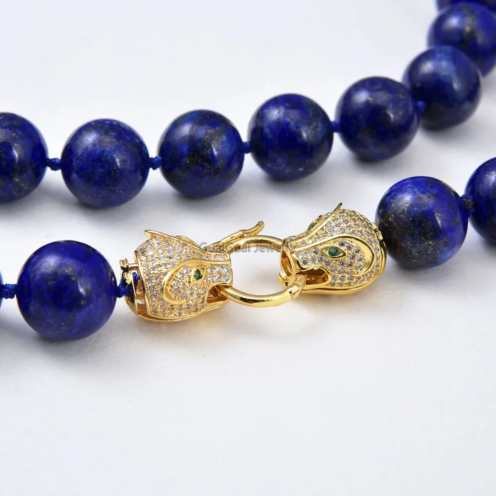 

GuaiGuai Jewelry 50" Natural 14MM Blue Round Lapis Lazuli Necklace CZ Clasp