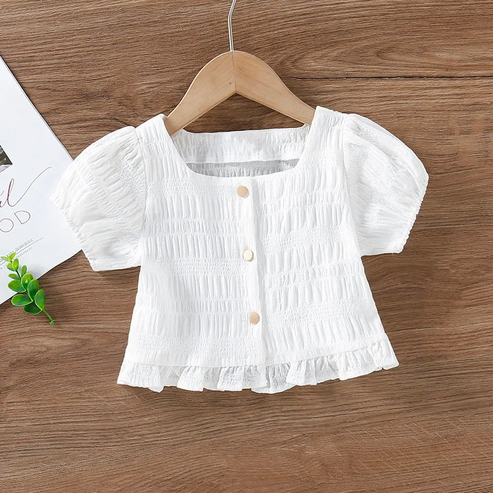 

Girls T-shirts 2021 Summer New Square Neck Puff Sleeve White Tops Bbay Children's Short Sleeve Shirts High Waist T-shirts