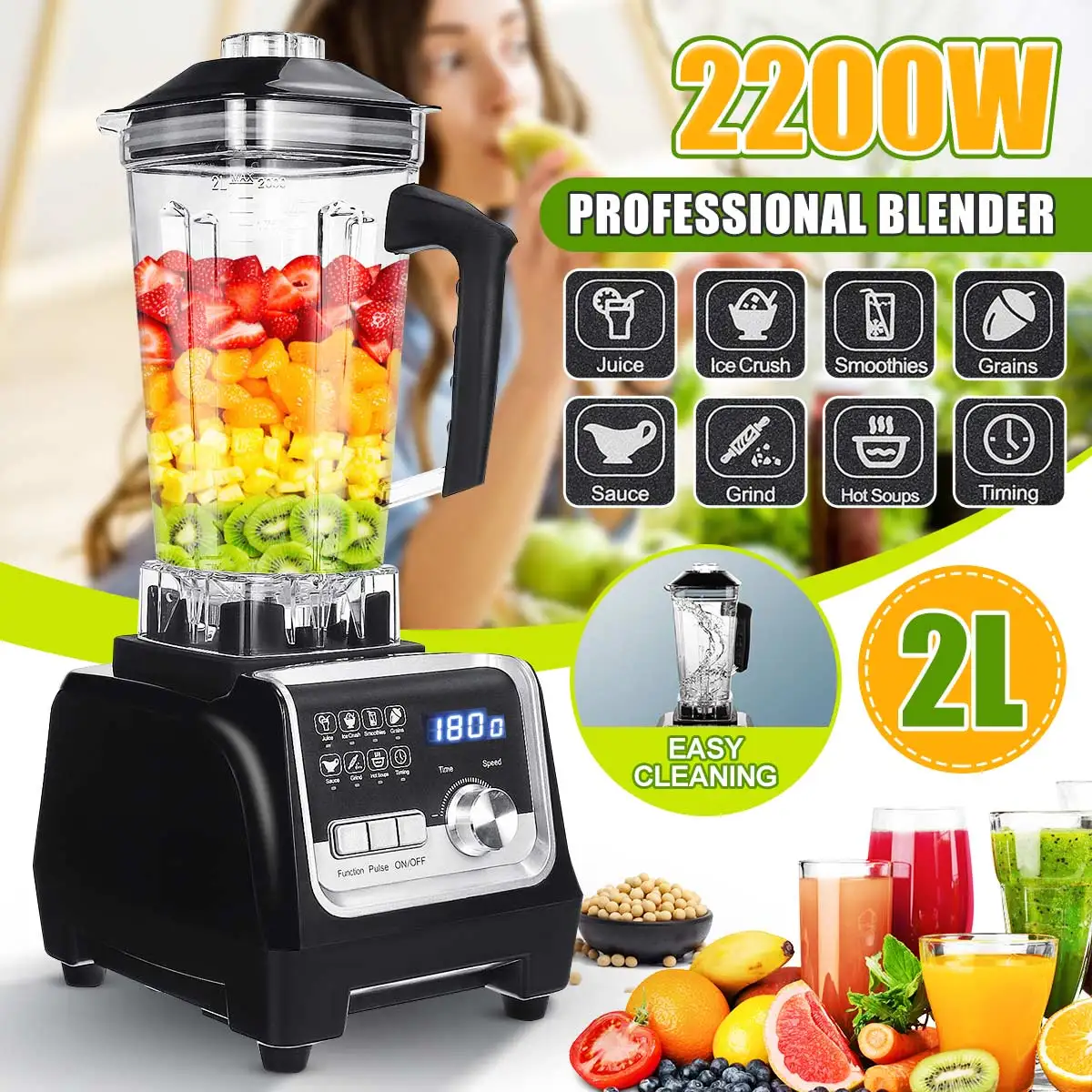 

Digital 3HP BPA FREE 2200W 2L Automatic Touchpad Professional Blender Mixer Juicer High Power Food Processor Ice Smoothies Fruit